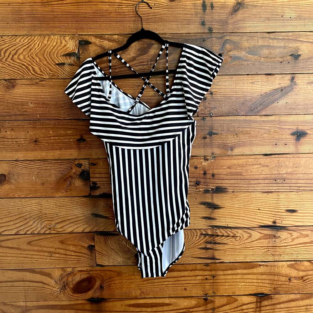 Black and White Striped One Piece Swimsuit size Large